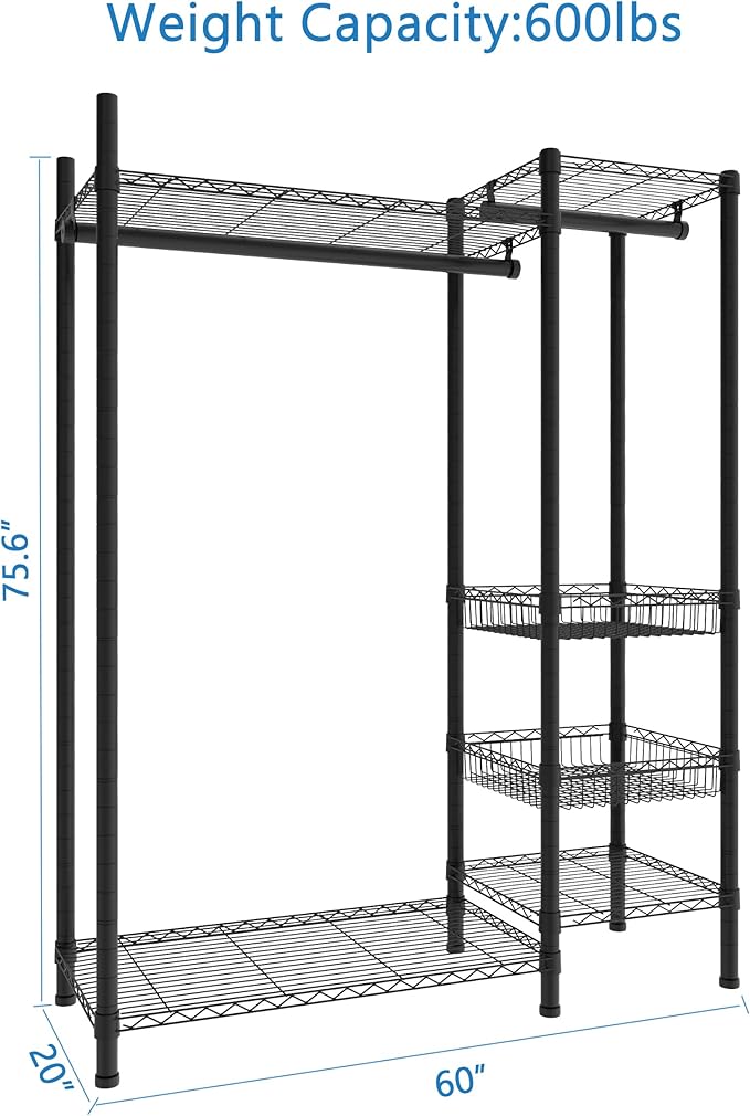 Xiofio 6 Tiers Heavy Duty Clothes Rack,Metal Clothing Rack, Adjustable Clothing Rack with Hanging Rod and Wire Fixing Baskets,Max Load 600LBS,Black