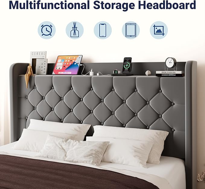 Allewie Queen Size Bed Frame, Storage Headboard with Charging Station, Wingback Velvet Upholstered, Diamond Stitched Button Tufted, Sturdy Wooden Slats, No Box Spring Needed, Easy Assembly, Grey