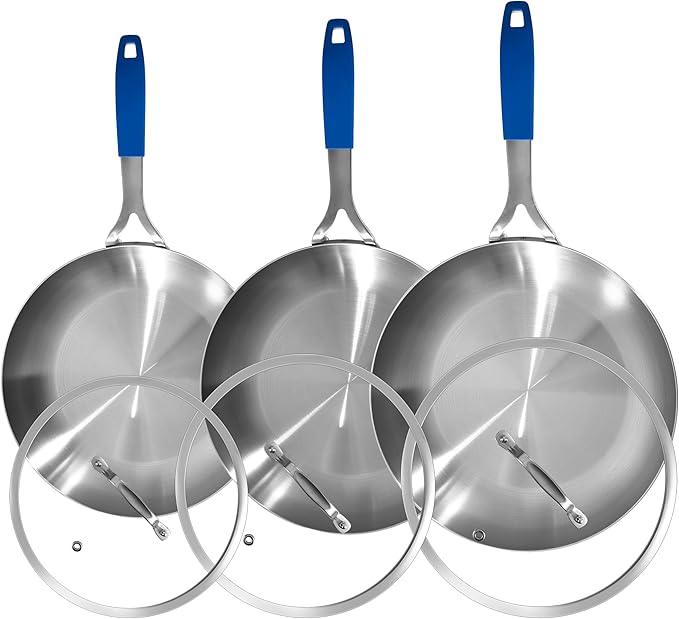 Inqibee 8.5-10-12 Inch Tri-Ply Stainless Steel Frying Pan Set with Lids,Skillets,Induction Cooking Pans,Pots and Pans Set,Dishwasher and Oven Safe,Detachable Handle