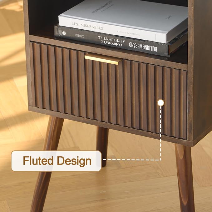 AWASEN Mid Century Modern Nightstand, Wood Bedside Table with Fluted Drawers, Rustic Night Stand Bed Side Table with Solid Wood for Living Room, Bedroom, Office and Small Space (Rustic Brown)