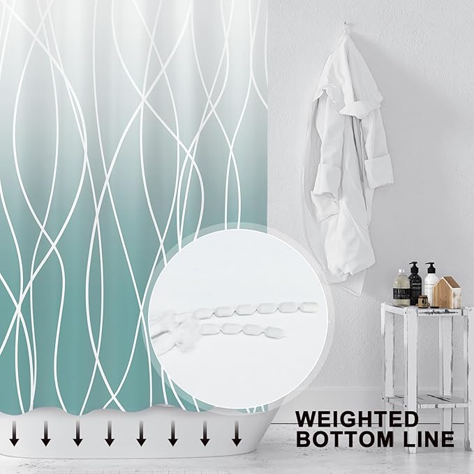 Punkray Ombre Teal Striped Polyester Shower Curtain for Bathroom with Hooks, Shower Curtains for Bathroom, Waterproof Bath Accessories Hotel Style - Machine Washable 72 x 72