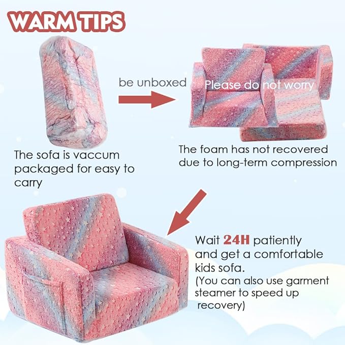 Furnishh Kids Sofa Couch Fold Out, Baby Toddler Comfy Soft Chair for Boys Girls, Flip Out Foldable Children 2 in 1 Convertible Sofa to Lounger, Folding Child Sleeper for Playroom, Pink Star