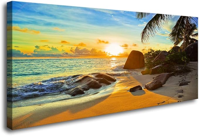 XXMWallArt FC1350 Canvas Wall Art Tropical Beach At Sunset Seascape Picture Paintings Artwork Prints Framed Ready to Hang for Home Office Bedroom Living Room Bathroom Kitchen Wall Decor