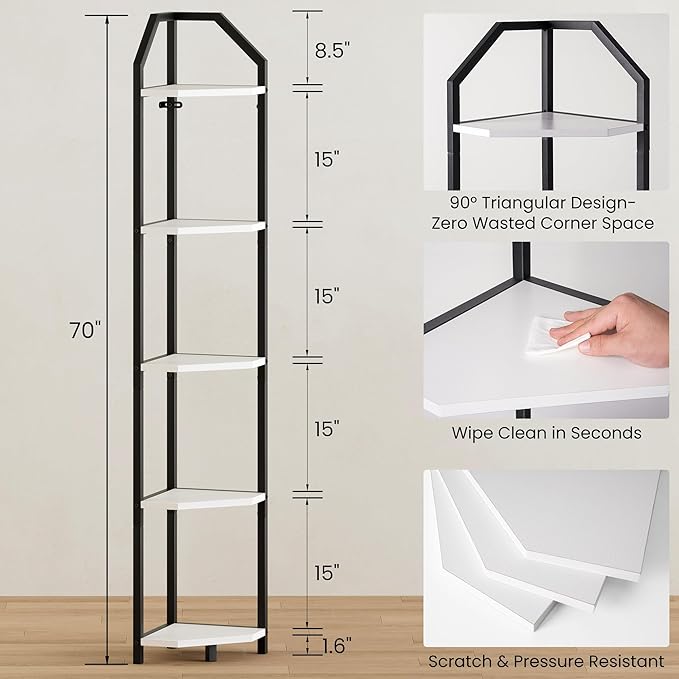 70 Inch Corner Shelf with LED Lights, 5-Tier Corner Bookshelf for Small Spaces, Wood & Metal Storage Rack for Bedroom, Living Room, Office - Modern Space Saving Design- White