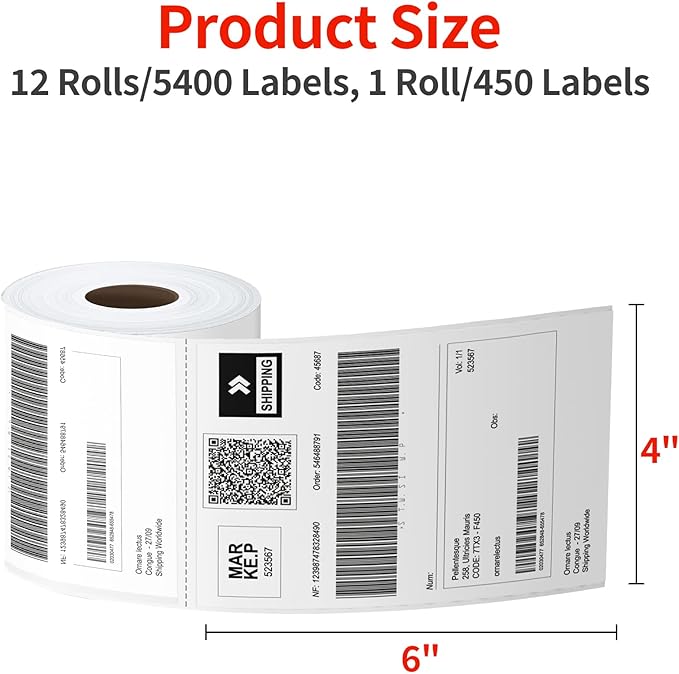 All Purpose Direct Thermal Perforated Postage Shipping Labels - 4x6 Roll, 5400 Labels for Rollo, Zebra, MUNBYN and Polono Thermal Printers (NOT for DYMO)