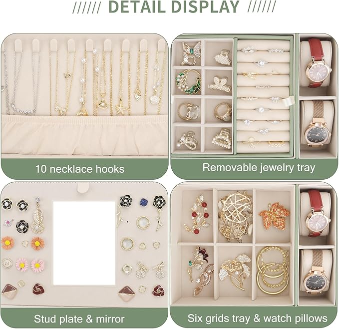 Jewelry Organizer Box, 3 Layers Large Jewelry Box with Travel Jewelry Case and Removable Tray, Jewelry Storage Case with Mirror for Necklaces Earrings Rings Bracelets Watches (Avocado Green)