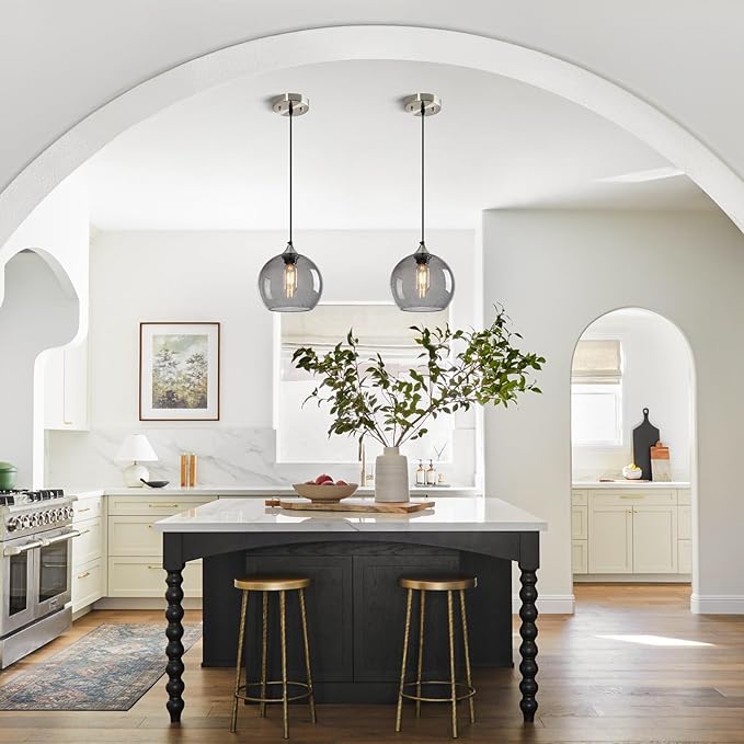 Light Grey Glass Pendant Lights Kitchen Island Lighting Globe Pendant Light Fixtures Modern Pendant Lighting for Bedroom Living Dining Room Light Fixture (7.87 in, 3 Pack)