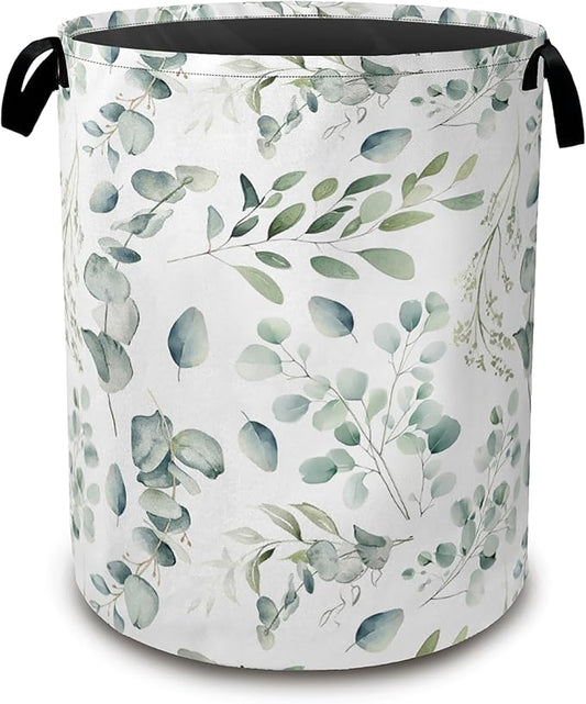 Green Eucalyptus Collapsible Laundry Baskets,Leaves Branches Laundry Hamper,Storage Basket with Handles for Bathroom Bedroom College Dormitory Living Room Nursery Organizer 16"x20"