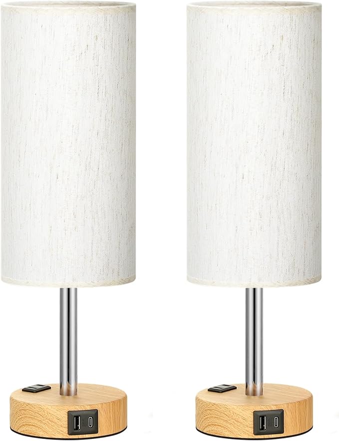 Small Touch Table Lamps Set of 2-3-Way Dimmable, USB A + C Charging, AC Outlet, Wood Grain Base, Bulbs Included