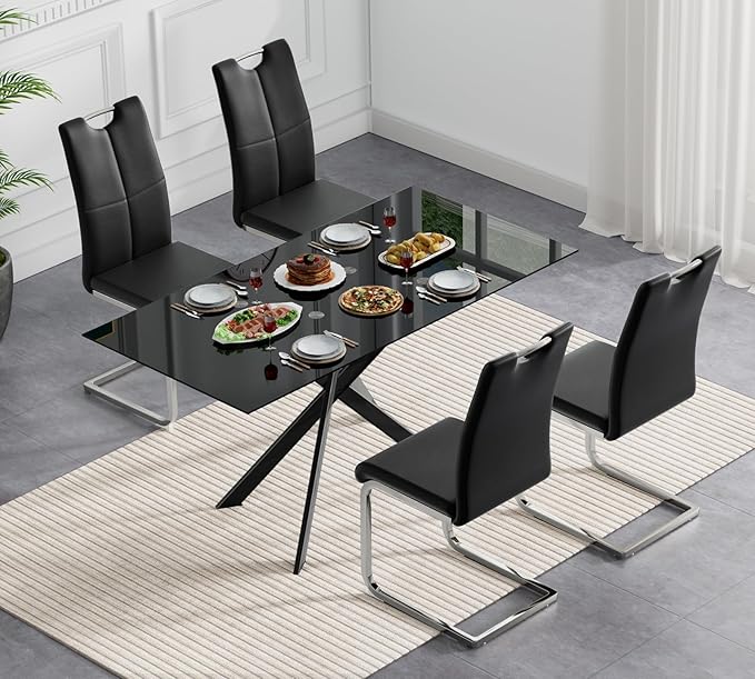 Goujxcy Modern Glass Dining Table Set for 4, Black Glass Kitchen Table and Chairs Set, 5 Piece Dining Room Table Set with 51" Rectangle Dinner Table and 4 Black Leather Dining Chairs