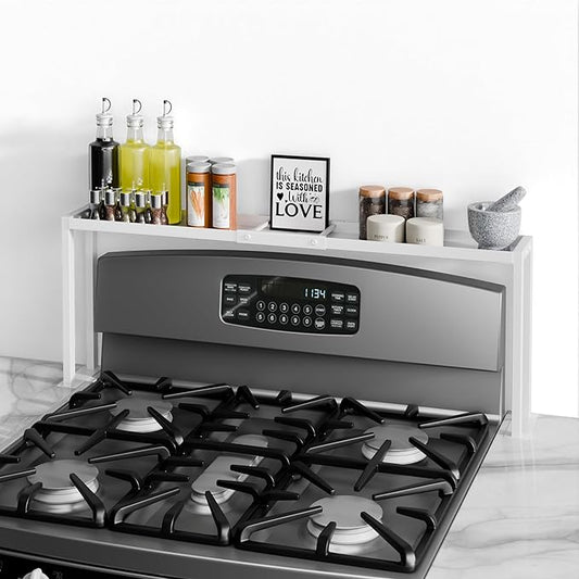 Bumusty Spice Rack Shelf for Kitchen Stove, 32" Adjustable Oven Spice Rack, Seasoning Organizer Kitchen Shelves，White