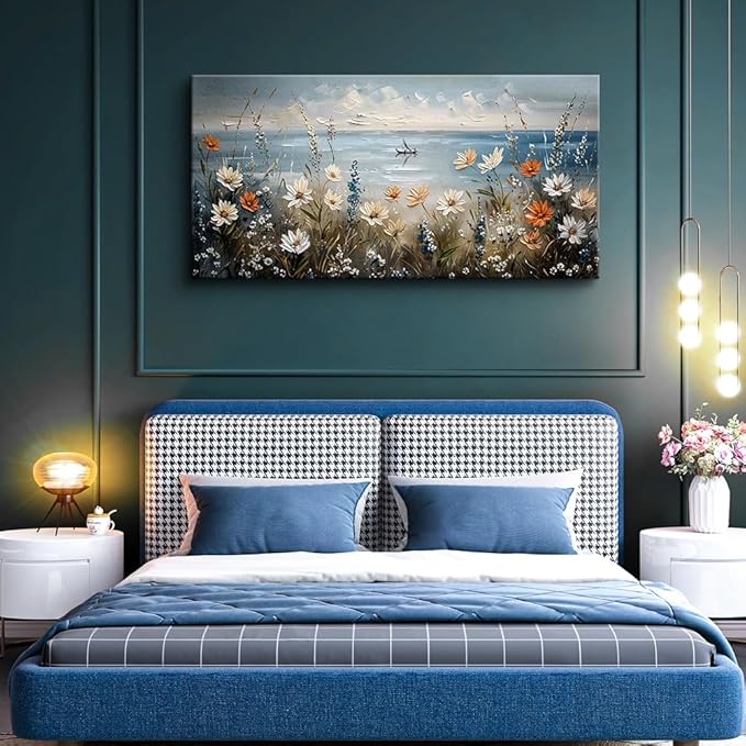 MHARTK66 Canvas Wall Art For Living Room Wall Decor For Bedroom Office Decoration Blue Ocean Paintings Flowers Landscape Wall Pictures Artwork Modern Aesthetic Room Home Decor Ready To Hang Posters