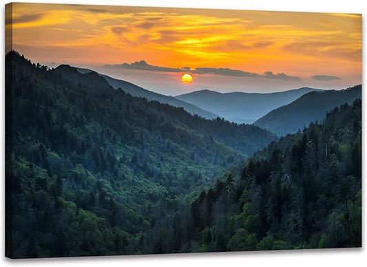 Forest Sunrise Wall Art Decor Great Smoky Mountains Photo Prints National Park Landscape Canvas Painting Artwork Framed for Bedroom Living Room (28x44 inch)