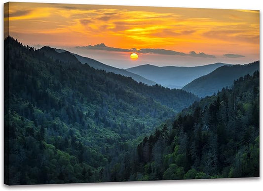 SKASNFAI Nature Landscape Canvas Wall Art Great Smoky Mountains Blue Ridge Mountains Wall Decor Forest Sunrise Pictures Framed for Living Room Bedroom (12x16 inch)