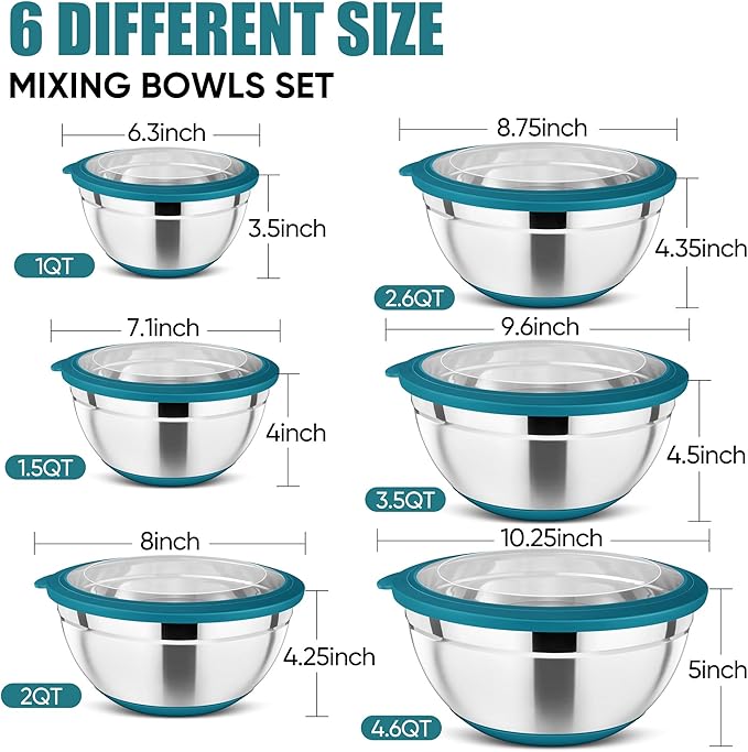 P&P CHEF Blue Mixing Bowls Set of 6, Stainless Steel Mixing Bowl with Visible Lids for Salad, Metal Nesting Serving Bowls for Kitchen Cooking Prepping Storing Food, 4.6/3.5/2.6/2/1.5/1 QT