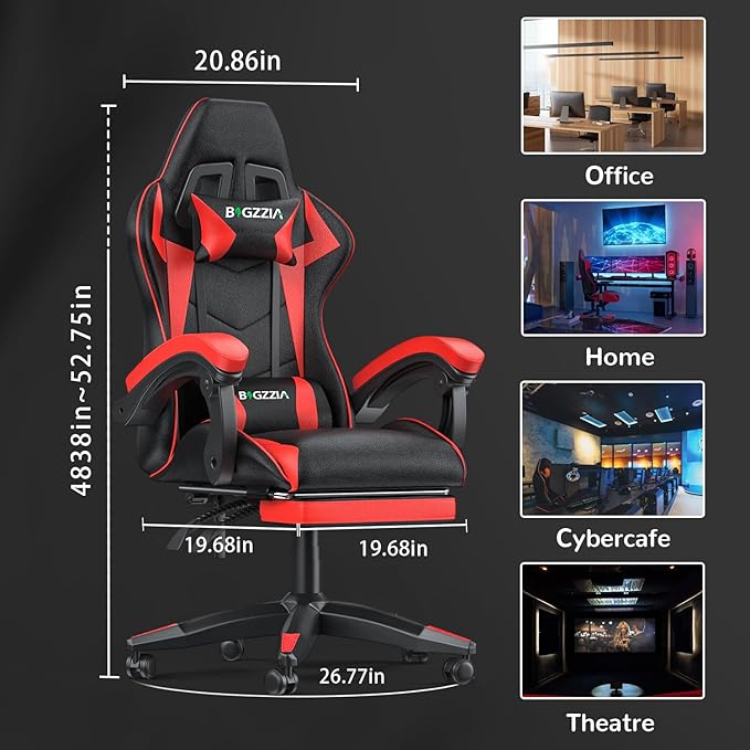 Gaming Chair with Footrest, High Back Ergonomic Computer Gamer Chair with Headrest and Lumbar Support, Racing Style Reclining Game Chair for Adults, Kids (Red-Black)