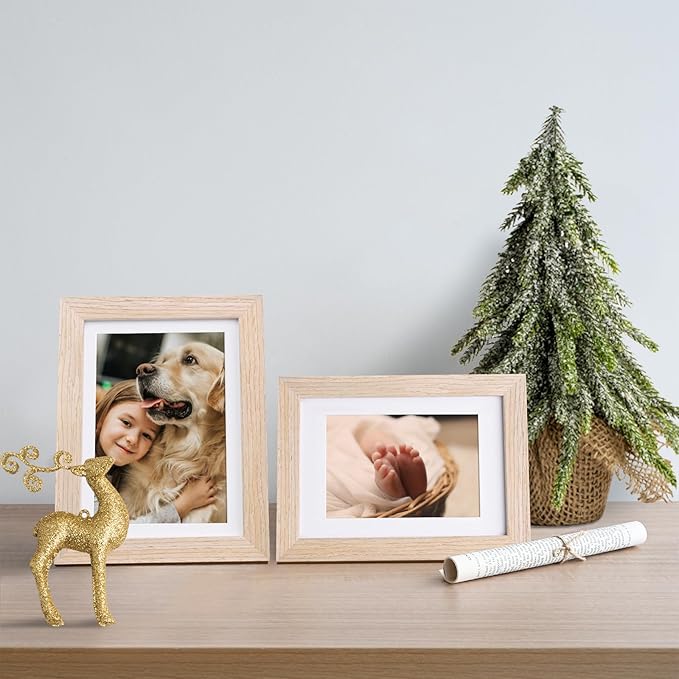 KINLINK 5x7 Picture Frame Natural, Solid Wood Frames with Acrylic Plexiglass for Pictures 3.5x5/4x6 with Mat or 5x7 without Mat, Tabletop and Wall Display Photo Frame, Set of 4