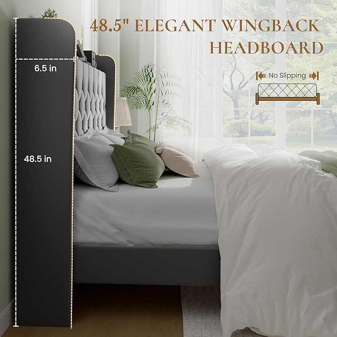 SHA CERLIN Full Size Platform Bed Frame with Charging Station, Velvet Wingback Headboard with Storage Shelf, Wooden Slats Support, Ample Under-Bed Space, No Box Spring Needed, Easy Assembly, Grey