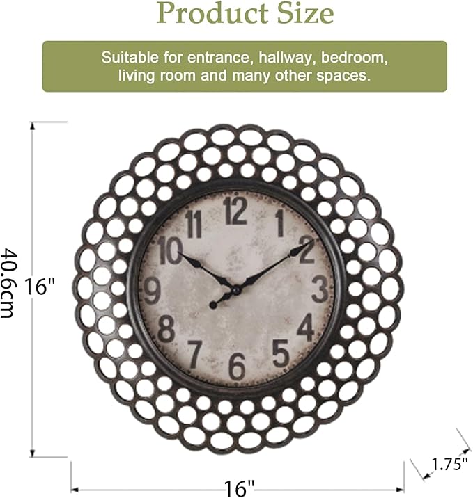 16 Inch Retro Metal Wall Clock, Silent Non-Ticking Battery Operated Round Vintage Clock Decorative for Living Room, Kitchen, Bedroom Decor,Black Arabic Number