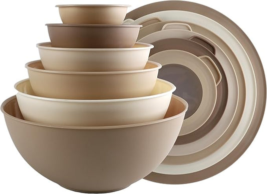 COOK WITH COLOR Mixing Bowls with TPR Lids - 12 Piece Plastic Nesting Bowls Set includes 6 Prep Bowls and 6 Lids, Microwave Safe (Brown)