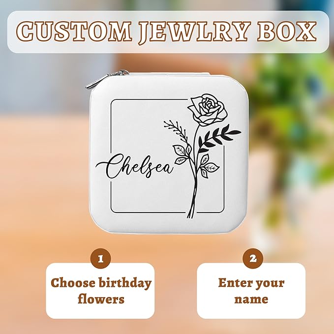 Personalized Travel Jewelry Organizer with Birth Flower and Name, Custom Jewelry Box, Personalized Gifts for Women, Girls, Mother, Wife, Bridesmaid, Custom Gifts for Birthday, Wedding, Anniversary