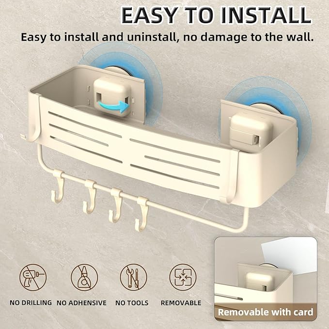 Onemake Aluminum Shower Caddy Suction Cup, No Drilling Bathroom Shower Shelf, Corner Shower Caddy with 6 Portable Hooks, Removable Bath Organizer with Towel Bar for Bathroom Storage(Cream White)