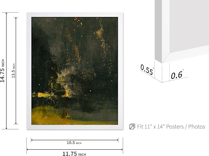 Poster Master Vintage Nocturne in Black and Gold Painting Poster - Retro The Falling Rocket Print - Abstract Art - Moody Art - Landscape Art - Office or Living Room Decor, 11x14 White Framed