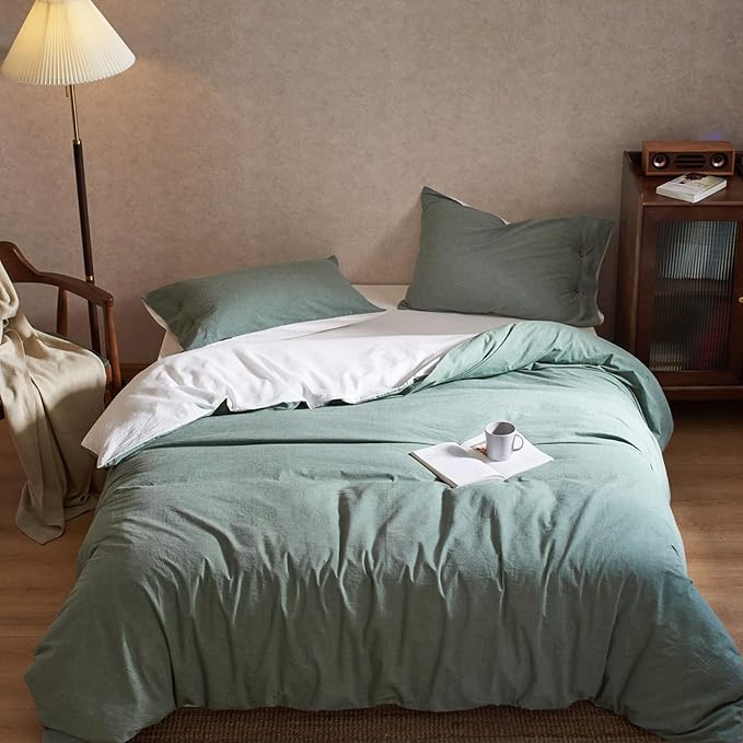 MILDLY 100% Washed Cotton White and Green Reversible Duvet Cover Set King Size Casual Design Soft Bedding Set 2 Pillow Cases + 1 Duvet Cover with Zipper & Corner Ties