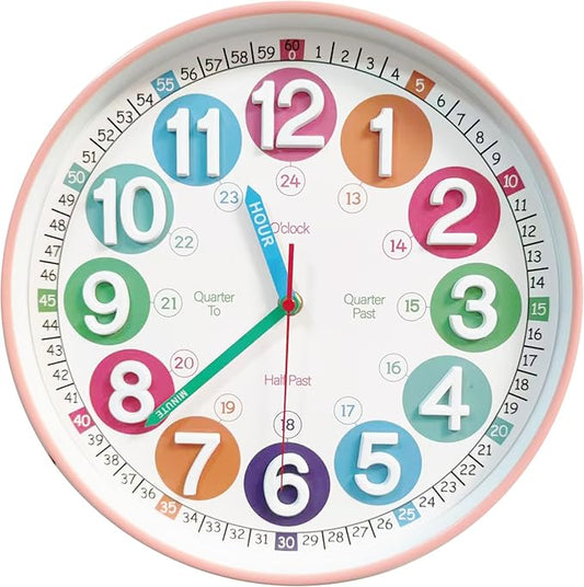 Learning Time Clock for Kids, 12 Inch 3D Peach Pink Classic Silent Wall Clock, Bedroom, Kitchen, Classroom, Decor at School, Clear Digital Clock for Kids Room