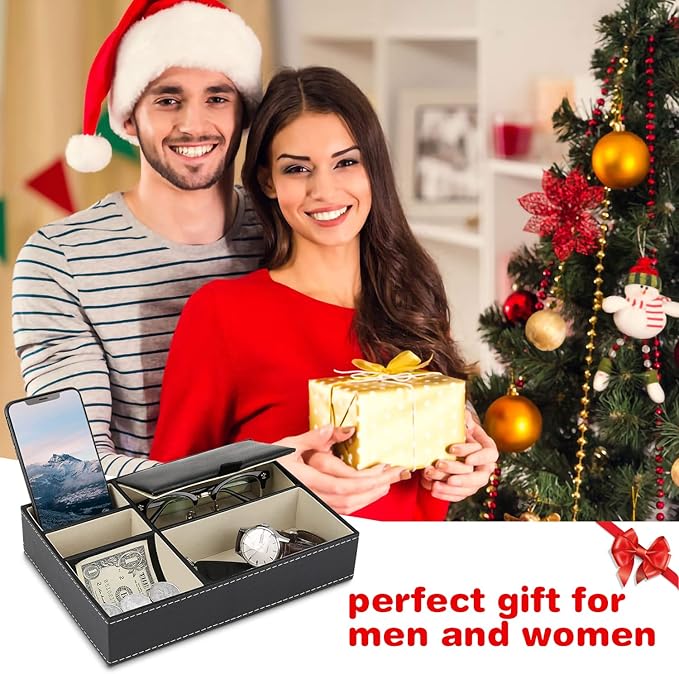 Baoyun Mens Valet Tray Organizer, Mens Jewelry Box, Nightstand Organizer for Men with 5 compartments, Faux Leather Key Tray for Entryway Table, Bedside Storage for Watch, Coin, Phone Gifts for Men