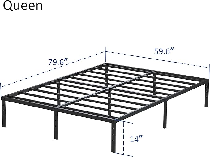 14 Inch Metal Bed Frame Queen Size No Box Spring Needed, Heavy Duty Platform Support Up to 3000 lbs, Easy Assembly, Noise Free, Black