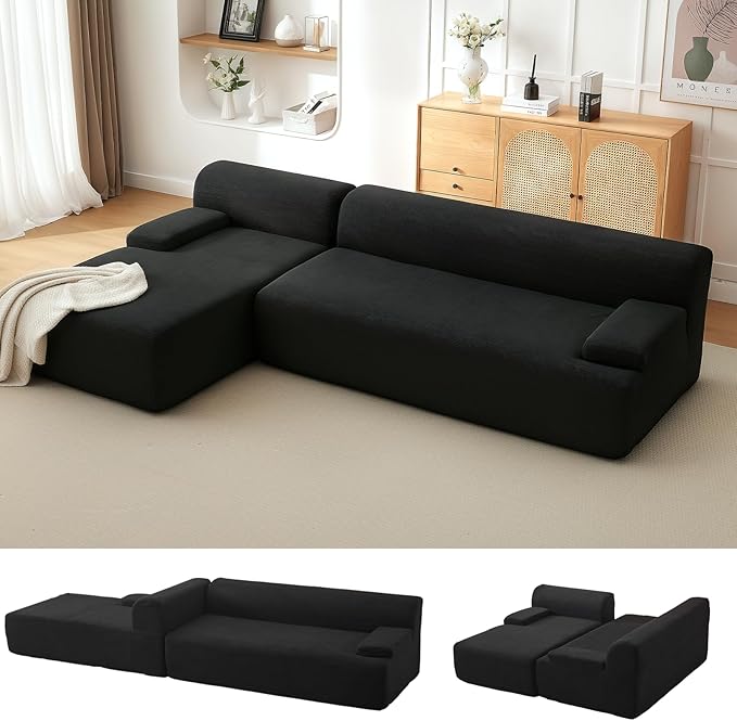 108" Cloud Sectional Couch with Chaise - Super Fluffy Boneless Sofa, Ultra Soft Corduroy L Shaped Couch Bed, Creates Cozy Atmosphere. Perfect Comfy Couches for Living Room, No Assembly Required, Black