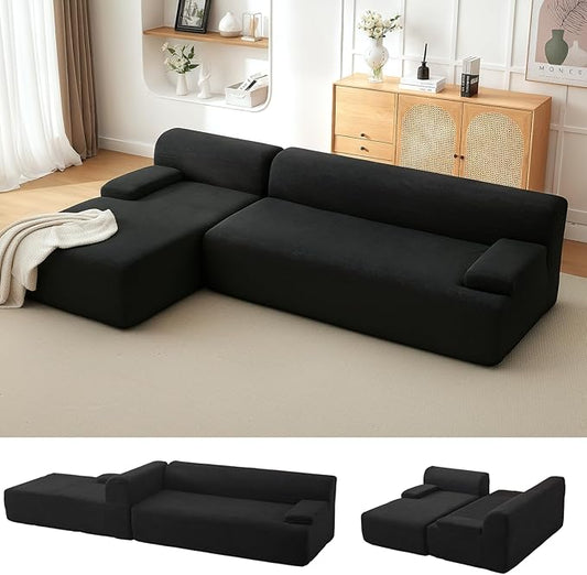 108" Cloud Sectional Couch with Chaise - Super Fluffy Boneless Sofa, Ultra Soft Corduroy L Shaped Couch Bed, Creates Cozy Atmosphere. Perfect Comfy Couches for Living Room, No Assembly Required, Black