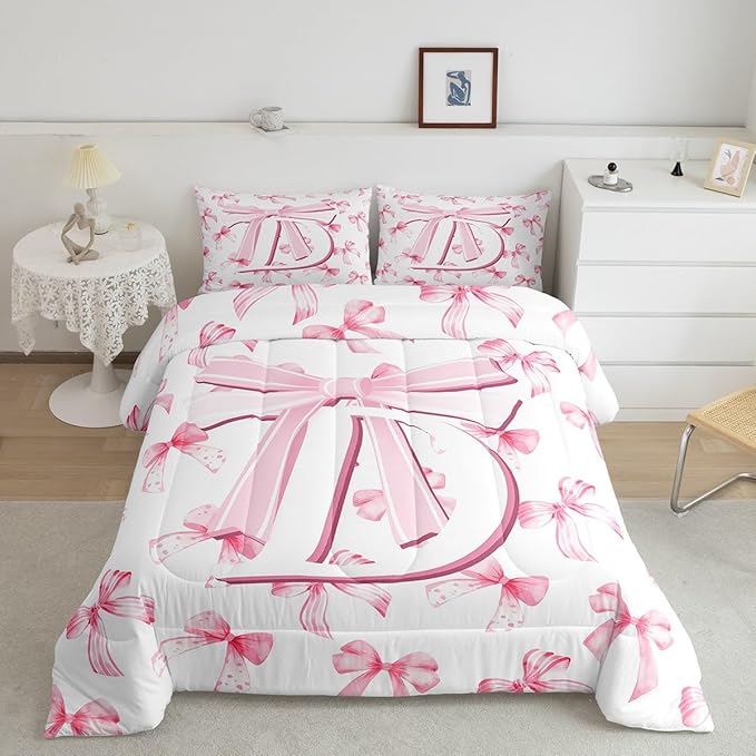 jejeloiu Kids Girls Cute Pink Bow Comforter Set King Size Monogrammed Bedding Set Ultra Soft Personalized Initial D Duvet Quilt Coquette Bow Knot Quilt Set Room Decor Modern Fashion Comforter