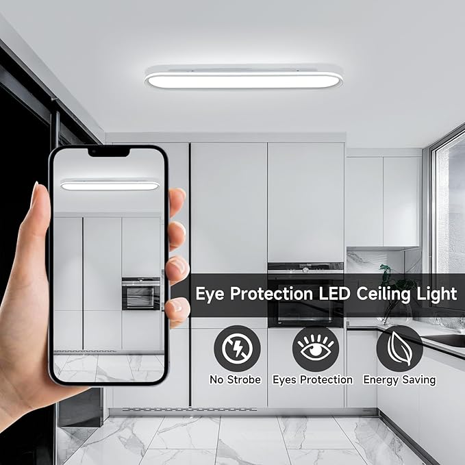 37.4" Dimmable Metal LED Ceiling Light,Slim, Edge Lit - 55W Full Spectrum Linear Ceiling Lamps,3000-6500K Modern Ultra Thin Low Profile Light Fixture for Kitchen, Bedroom & Hallway (White)