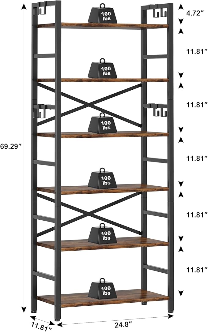 6 Tier Bookshelf, Industrial Bookcase with 8 Hooks, Vintage Storage Rack with Open Shelves, Rustic Standing Bookshelves Metal Frame Display Rack for Living Room, Bedroom, Rustic Brown