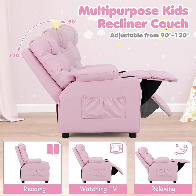 GLACER Kids Recliner Chair w/Cup Holder & Side Pockets, Children Recliner w/Comfortable Backrest, Armrests & Footrest, Toddler PU Leather Recliner for Boys Girls, 3+ Age Group (Pink)