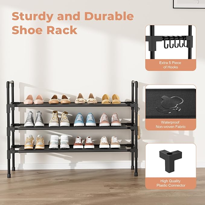 3 Tier Shoe Rack, Shoe Organizer Storage for 16-20 Pair Boot and Sneaker, Stackable Free Standing Shoe Shelf with Hooks and Side Pocket, Space Saving Shoes Rack for Closet, Entryway