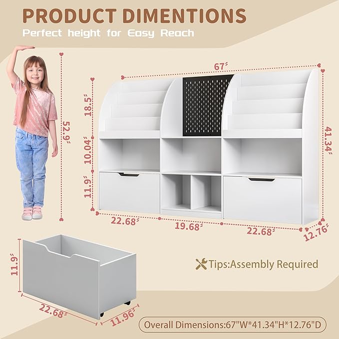 Toy Storage Organizer, Kids Book Shelf and Toy Organizer, 67" Toy Organizers and Storage with Movable Drawers, Playroom Organization and Kids Reading Nook with 5 Storage Cubbies, White