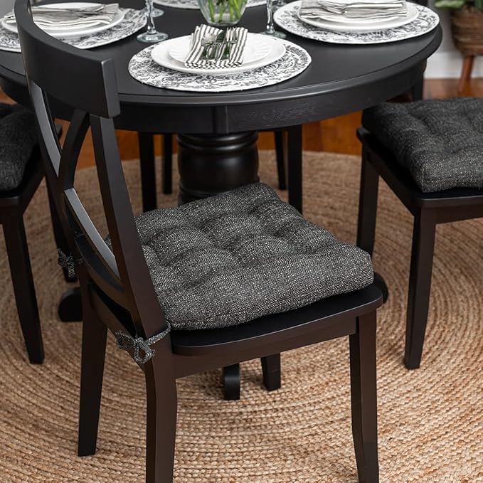 Barnett Home Decor Brisbane Charcoal Dining Chair Cushions with Ties - 16.5 x 18 Size Medium Chair Pad - Latex Foam Fill, Reversible - Made in USA (Dark Gray Black)