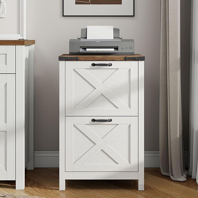 Vertical File Cabinet with 2 Drawers, Wooden Farmhouse Filing Cabinet for Letter/A4 Size Hanging Files, Under Desk Printer Stand with Storage for Home Office, Rustic White