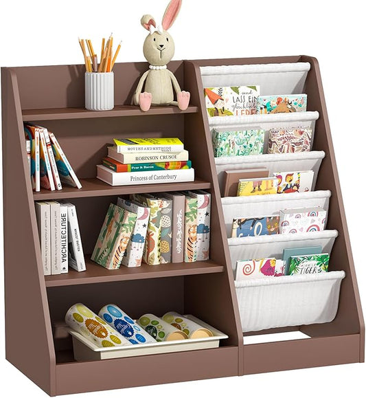 Kids Bookshelf Toy Storage Organizer 4-Tier Wood Book Rack Toddler Bookcase Baby Book Toy Display Shelf 5 Sling Bookshelf for Playroom Bedroom Nursery Classroom Church Espresso