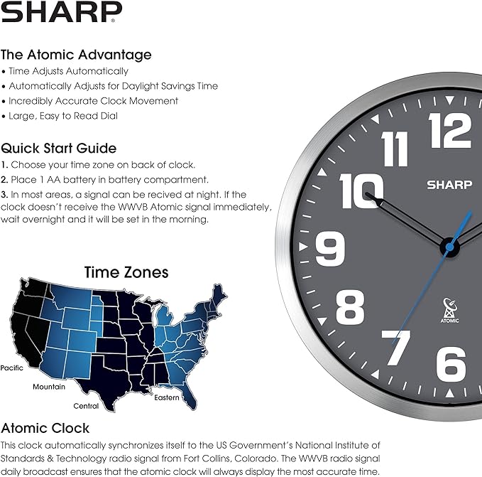 Sharp Atomic Analog Wall Clock - 12" Grey Face, Silver Brushed Finish - Sets Automatically- Battery Operated - Easy to Read - Easy to Use – Modern Design and Style