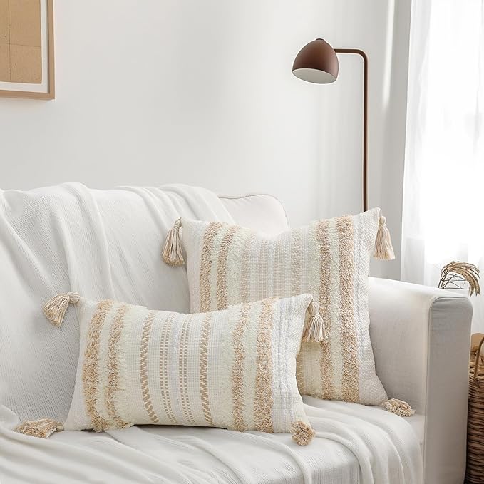 decorUhome Decorative Boho Throw Pillow Cover 18x18, Accent Neutral Textured Tufted Pillow Cover Striped for Couch Bed Sofa, Khaki and Cream White, Pack of 1