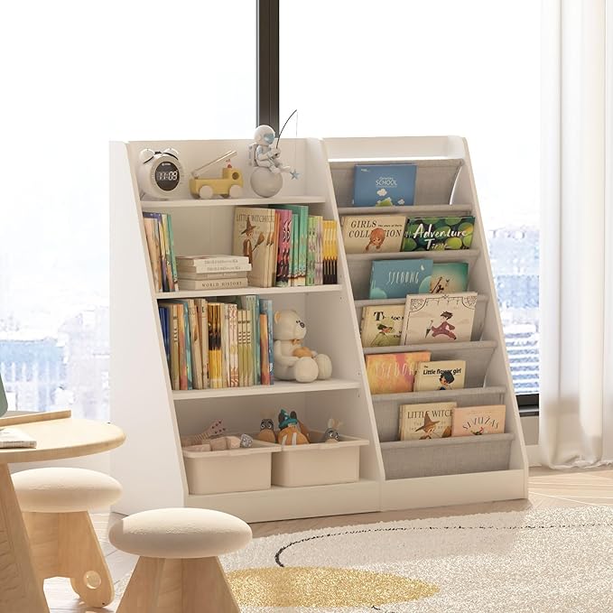 White Kids Bookshelf Wood Toy Storage Organizer Cabinet Children Bookcase Toddler Baby Sling Book Rack Adjustable Shelf for Playroom Bedroom Nursery Hallway School Kindergarten