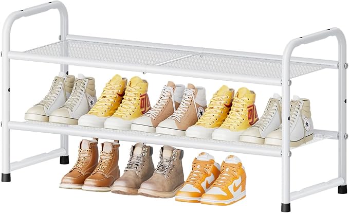 SUFAUY Shoe Rack for Closet, 33" Wide Metal Shoe Rack Organizer Heavy Duty, 2-Tier Mesh for Shoes, White