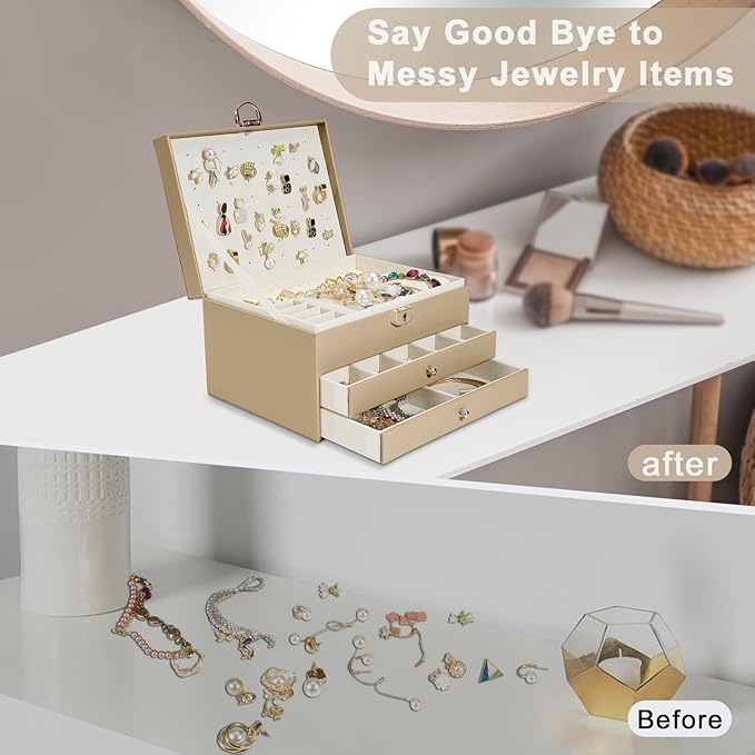 3-Layer Jewelry Box for Women, Earing Holder Jewelry Organizer and Storage with Removable Tray, Vintage Quilted Top Lockable Holder Gift Idea Champagne