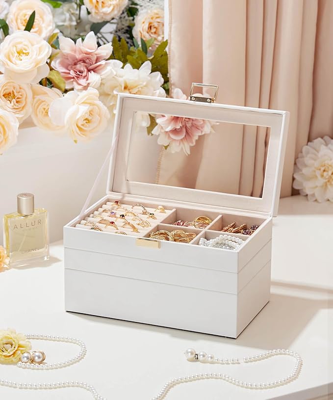 Homde Jewelry Tray Stackable Jewelry Box with Glass Lid, Removable Dividers for Vanity Table Gift Idea for Girls and Women (White)