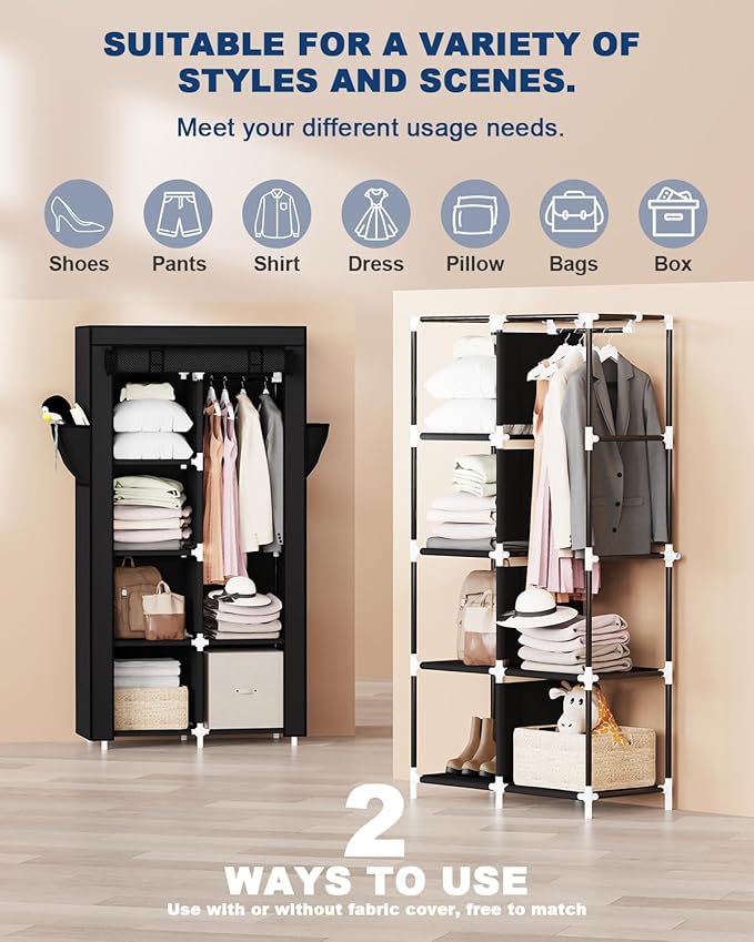 Mavivegue Portable Closet,Wardrobe Closet,Wardrobe,Portable Closets for Hanging Clothes,for Bedroom and Living Room, Black, 2 Rows, 34" W x 18" D x 64" H