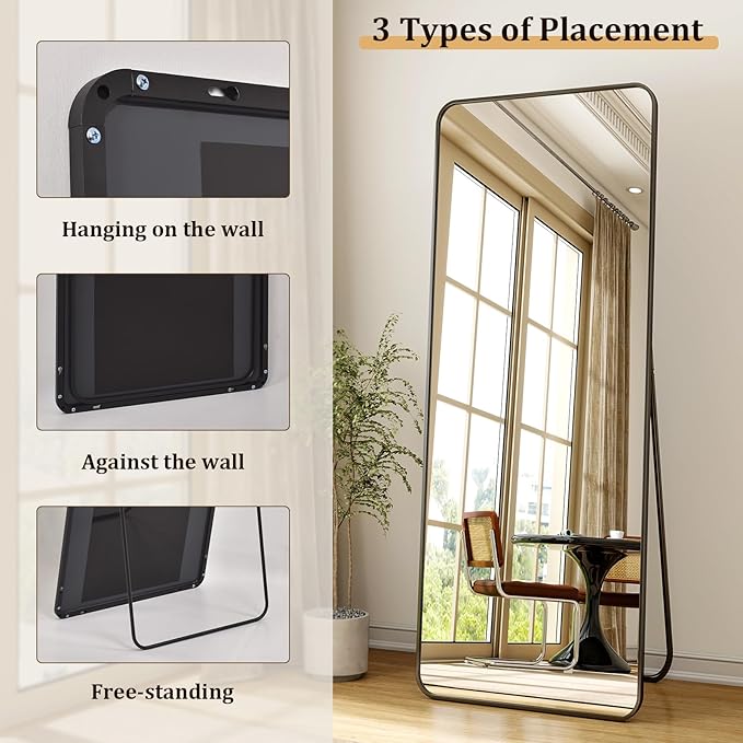 Round Corner Mirror Full Length, 16" x 59" Floor Mirror with Stand, Matte Aluminum Alloy Frame Full Body Mirror, Standing Hanging or Leaning for Bedroom and Living Room, Black